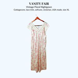 Vintage Vanity Fair Floral Nightgown XL | Lace Trim Cottagecore USA Made